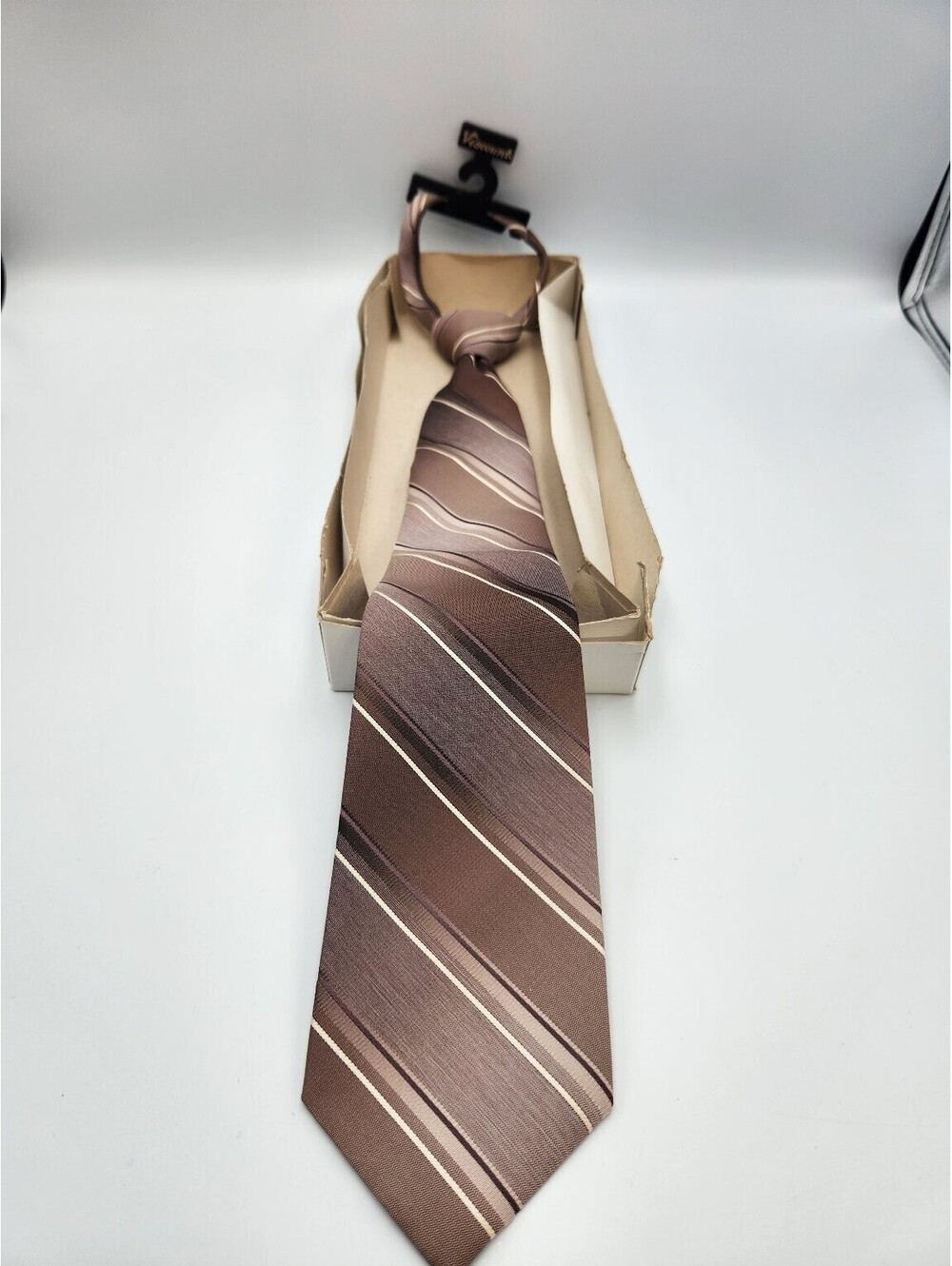Viscount Men's Brown Striped Zipper Tie Pretied 95% Polyester 5% Silk Classic D2